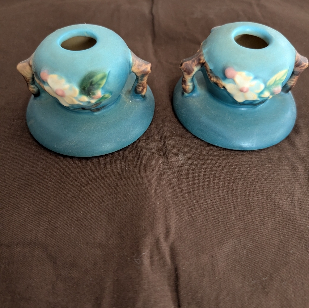 Roseville Pottery Blue Apple Blossom candleholders